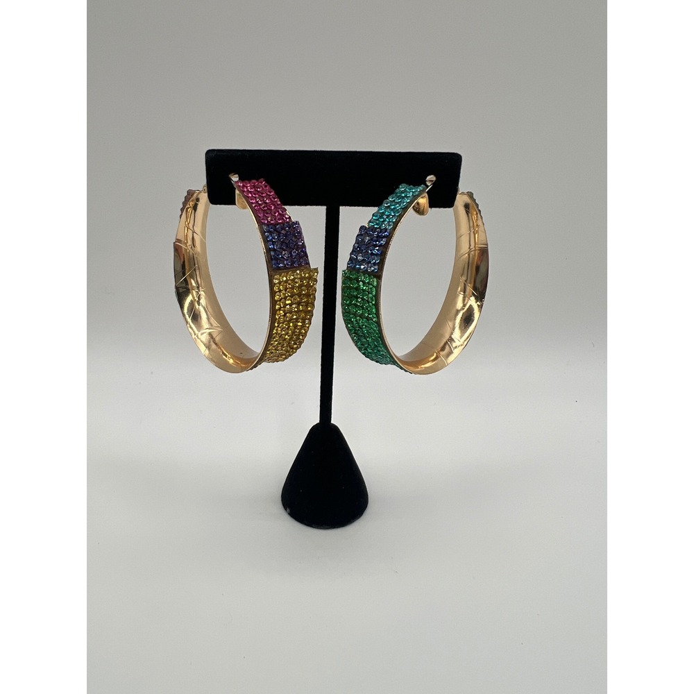 Multicolor Rainbow Rhinestone Gold Tone Wide Hoop Earrings Statement Jewelry